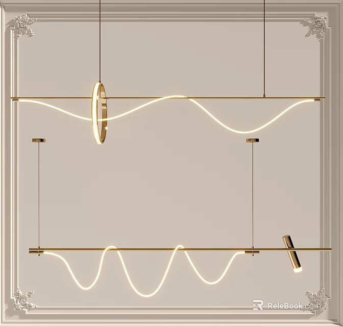Modern Gold Wave Design LED Pendant Chandelier with Curved Lines and Metallic Frame 3d model 