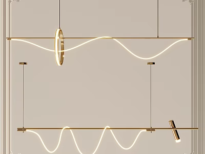 Modern Gold Wave Design LED Pendant Chandelier with Curved Lines and Metallic Frame 3d model
