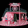 Festive Christmas Decoration Scene With Pink Platform Green Railings Tree And Signs