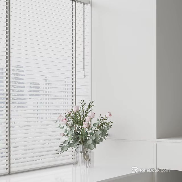 Pink Flowers And Eucalyptus In Vase By Window With Vertical Blinds And City View 3d model 
