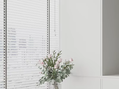 Pink Flowers And Eucalyptus In Vase By Window With Vertical Blinds And City View 3d model