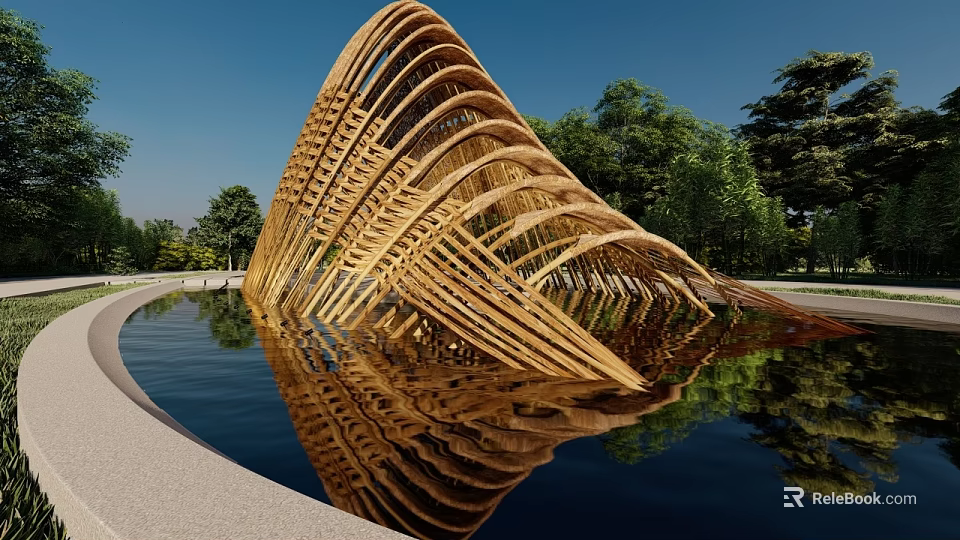 Modern Wooden Curved Pergola With Water Reflection Green Trees And Blue Sky 3d model 