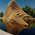 Modern Wooden Curved Pergola With Water Reflection Green Trees And Blue Sky