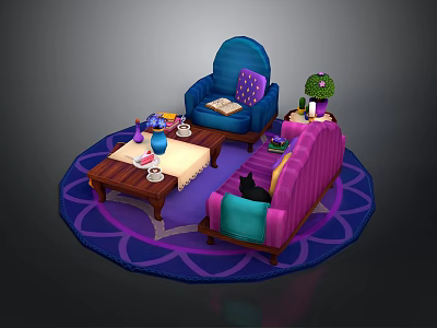 Cozy Living Room Interior With Pink Sofa Blue Chair Coffee Table And Purple Rug 3d model
