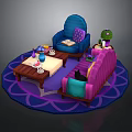 Cozy Living Room Interior With Pink Sofa Blue Chair Coffee Table And Purple Rug