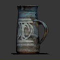 Handcrafted Carved Ceramic Mug With Blue Brown Glaze And Sculpted Patterns On Wooden Base