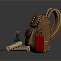 Brown Leather Backpack with Firecrackers Scrolls and Green Bottle on Dark Surface 3d model