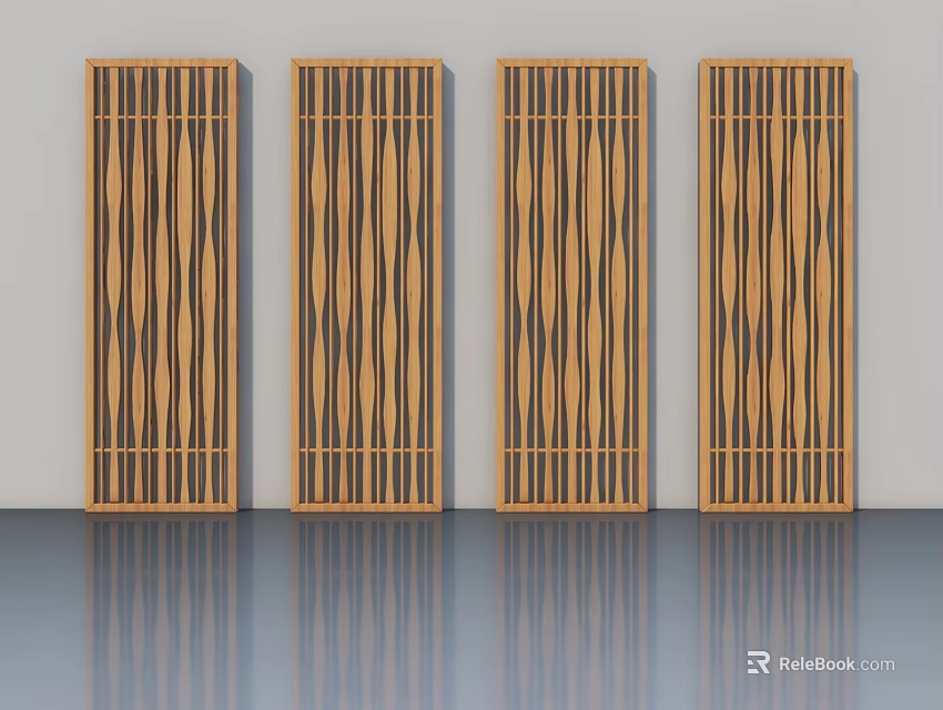 Four Wooden Roman Columns With Striped Pattern Gray Wall And Reflective Floor Surface 3d model