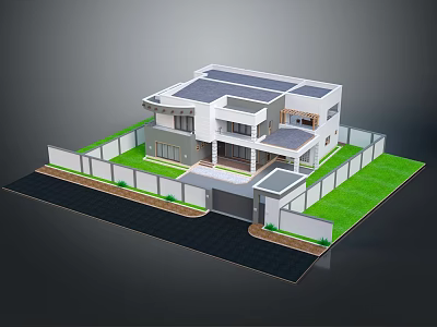 Modern Detached House Exterior With Two Story Design Lawn Fence And Driveway 3d model