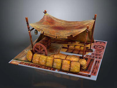 Rustic Outdoor Living Supplies Display With Canvas Tent Wooden Wheel And Bundled Sacks 3d model