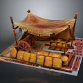 Rustic Outdoor Living Supplies Display With Canvas Tent Wooden Wheel And Bundled Sacks
