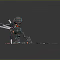 Three Mechanical Robot Characters With Swords Axes And Small Tools On Dark Surface 3d model
