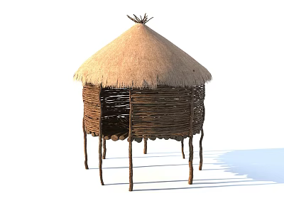 Traditional Woven Hut Structure With Thatched Roof And Wooden Poles 3d model