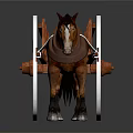 Horse Drawn Wooden Cart With Large Wheels And Brown Horse