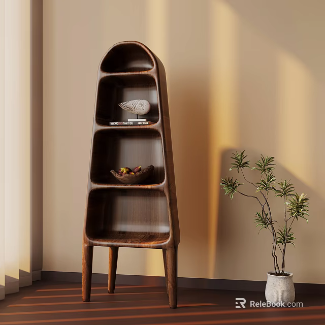 Modern Wooden Bookcase With Multiple Shelves And Decorative Items Near Green Plant 3d model 