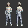 Man in Striped Sweater Jeans and White Shoes Front Back Views Holding Green Stuffed Toy