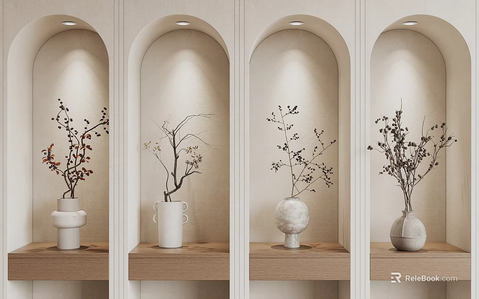 Elegant Floral Arrangements in Ceramic Vases on Wooden Shelves with Arched Niches and Soft Lighting 3d model 