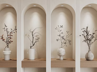 Elegant Floral Arrangements in Ceramic Vases on Wooden Shelves with Arched Niches and Soft Lighting 3d model