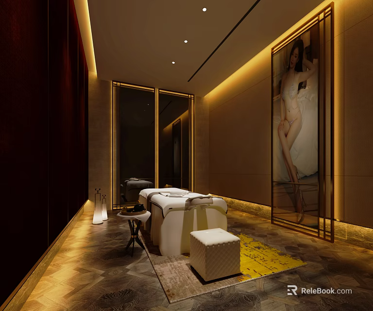 Elegant SPA Sauna Room Interior With Massage Bed Decorative Art And Warm Lighting 3d model 