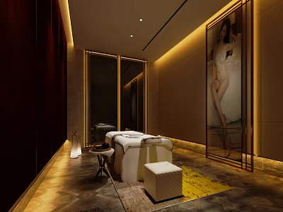 Elegant SPA Sauna Room Interior With Massage Bed Decorative Art And Warm Lighting 3d model