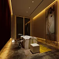 Elegant SPA Sauna Room Interior With Massage Bed Decorative Art And Warm Lighting