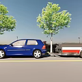 Blue Compact Car Towing Trailer On Road With Green Trees And Blue Sky