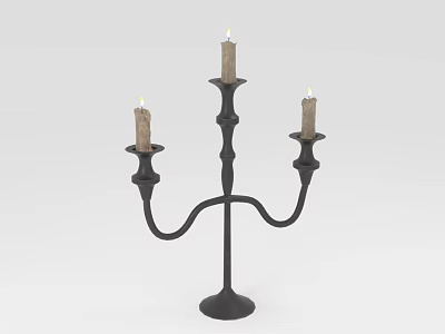 Elegant Black Candelabra Featuring Three Lit Candles And Curved Stand Design 3d model