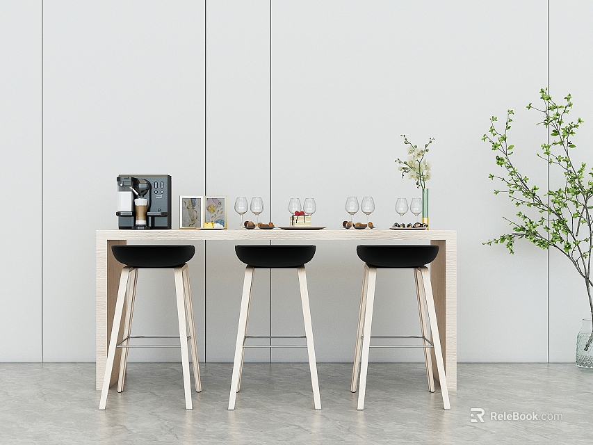 Modern Bar Interior Design With Black Bar Stools Coffee Machine And Green Plant 3d model 