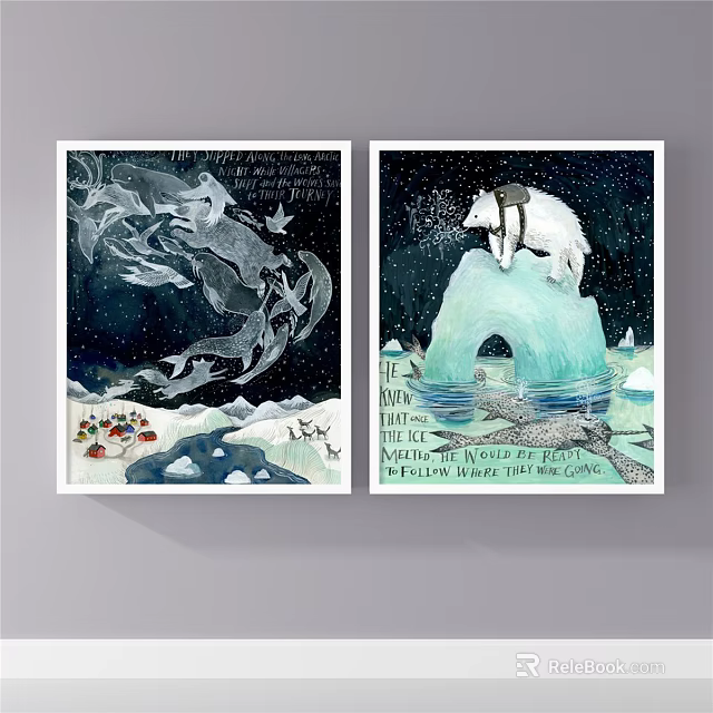 Whimsical Animal Paintings Featuring Whales Polar Bear Icebergs Starry Sky and Text Elements 3d model 