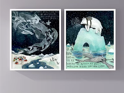 Whimsical Animal Paintings Featuring Whales Polar Bear Icebergs Starry Sky and Text Elements 3d model