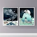 Whimsical Animal Paintings Featuring Whales Polar Bear Icebergs Starry Sky and Text Elements
