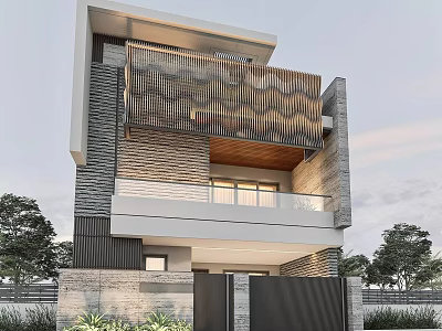 Modern Detached Villa with Two Story Metal Grille Balcony Stone Wall Exterior and Glass Windows 3d model