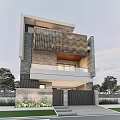 Modern Detached Villa with Two Story Metal Grille Balcony Stone Wall Exterior and Glass Windows