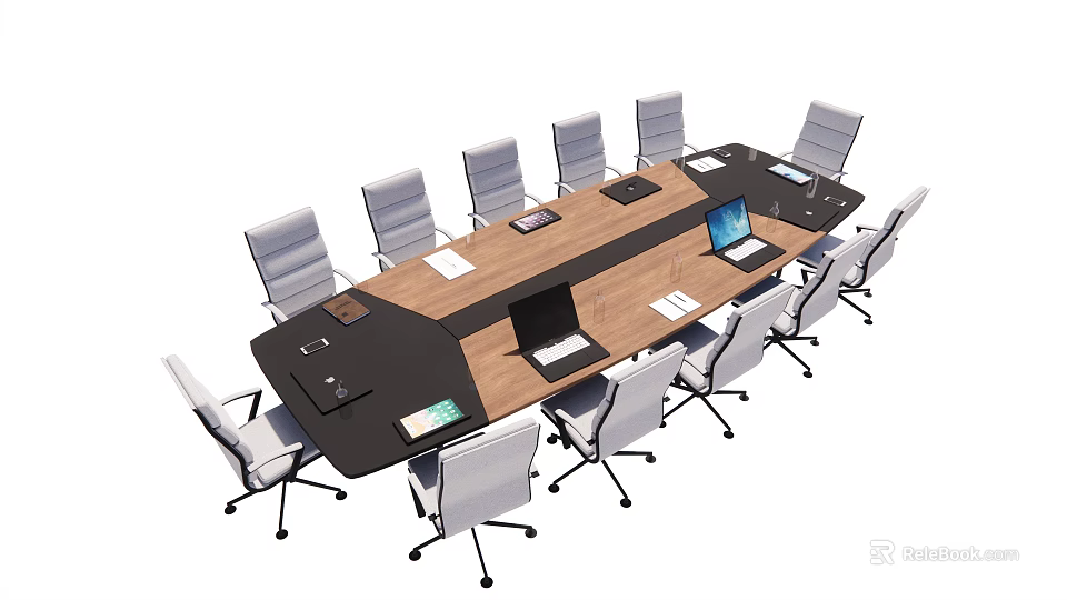 Modern Conference Table With White Ergonomic Chairs Laptop And Documents On Wooden Surface 3d model 