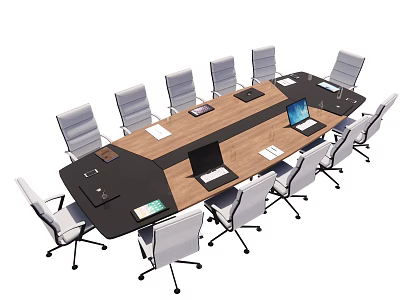 Modern Conference Table With White Ergonomic Chairs Laptop And Documents On Wooden Surface 3d model