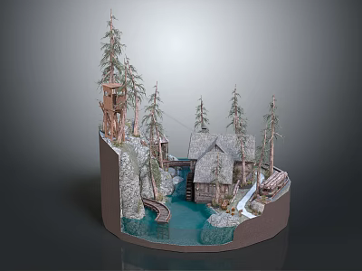 European Style Architecture Miniature Model With Pine Trees Small Waterfall And Rocky Stream 3d model