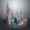 European Style Architecture Miniature Model With Pine Trees Small Waterfall And Rocky Stream