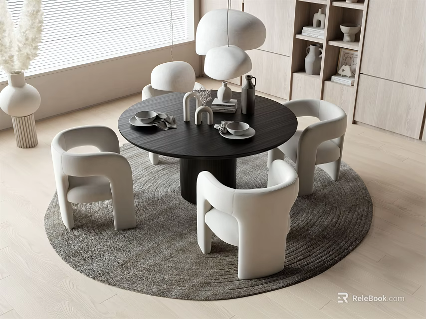 Elegant Modern Dining Room With Round Table White Chairs Pendant Light And Area Rug 3d model 