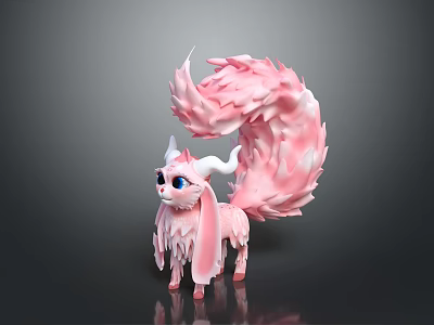Cute Pink Fantasy Creature With Fluffy Tail And White Horns Soft Fur Standing Pose 3d model