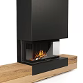 Modern Black Fireplace Design with Wooden Base Firewood and Burning Flames