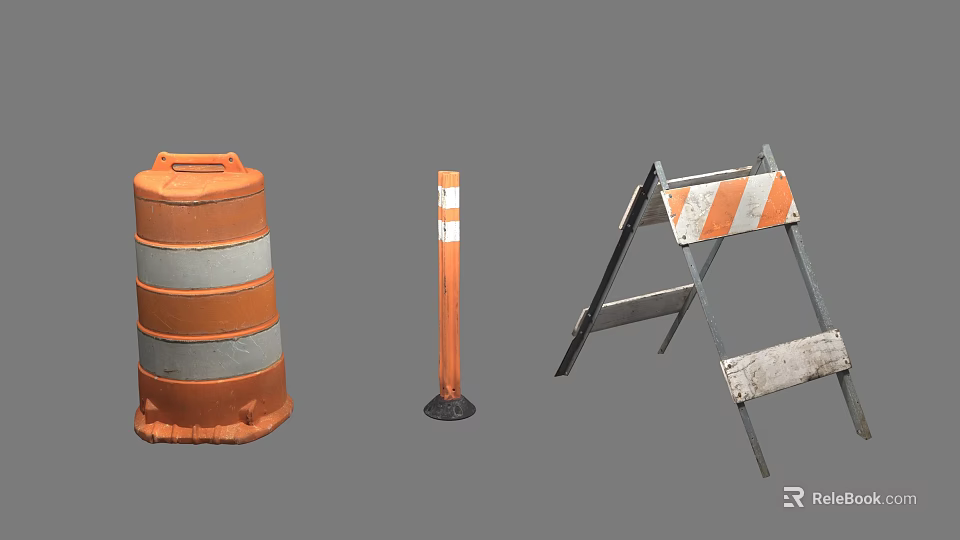 Essential Road Construction Safety Equipment Including Traffic Barrel Bollard And Folding Sign 3d model 