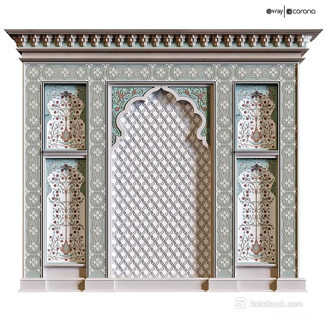 Decorative Arabic Style Background Wall with Intricate Geometric Patterns Arched Design and Symmetrical Carvings 3d model 