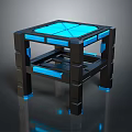 Futuristic Black Frame Table With Blue Glowing Square Tabletop And Accents