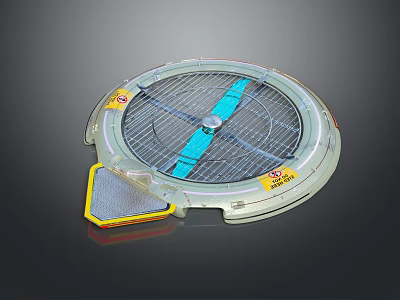 Circular Electric Fan With Metal Grid Blue Blades And Warning Label 3d model