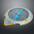 Circular Electric Fan With Metal Grid Blue Blades And Warning Label