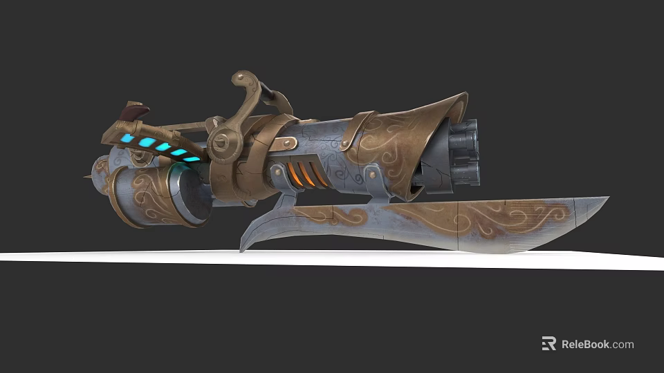 Steampunk Brass Weapon With Blue Lights Intricate Carvings And Blade 3d model 