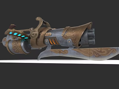 Steampunk Brass Weapon With Blue Lights Intricate Carvings And Blade 3d model