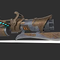Steampunk Brass Weapon With Blue Lights Intricate Carvings And Blade