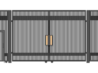 Modern Black Metal Double Gate With Vertical Slats And Golden Accents 3d model