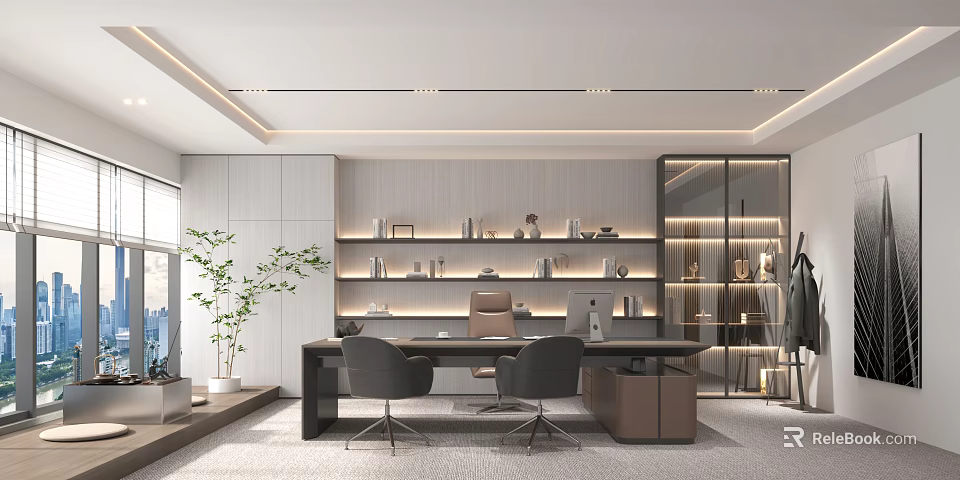 Modern Elegant Office Interior with Open Layout Desk Bookshelf Greenery Glass Partition and Lighting Design 3d model